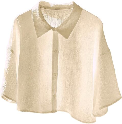 SHENHE Women's Oversized Button Down Short Sleeve Shirt Textured Collared Crop Top Blouse in Saudi Arabia