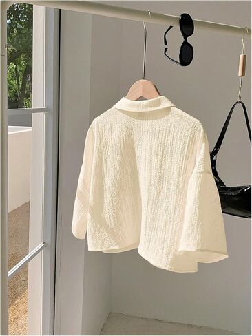 SHENHE Women's Oversized Button Down Short Sleeve Shirt Textured Collared Crop Top Blouse in Saudi Arabia