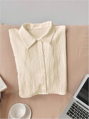SHENHE Women's Oversized Button Down Short Sleeve Shirt Textured Collared Crop Top Blouse in Saudi Arabia