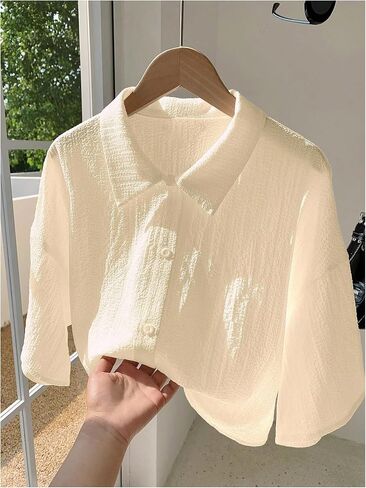 SHENHE Women's Oversized Button Down Short Sleeve Shirt Textured Collared Crop Top Blouse in Saudi Arabia