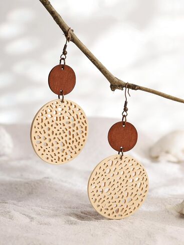MINACHI Bohemian Hollow Cut-Out Wood Leather Dangle Drop Earrings, Boho Chic Hippie Statement Jewelry Gift for Women in Saudi Arabia