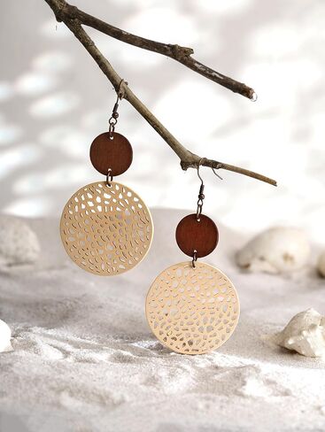 MINACHI Bohemian Hollow Cut-Out Wood Leather Dangle Drop Earrings, Boho Chic Hippie Statement Jewelry Gift for Women in Saudi Arabia