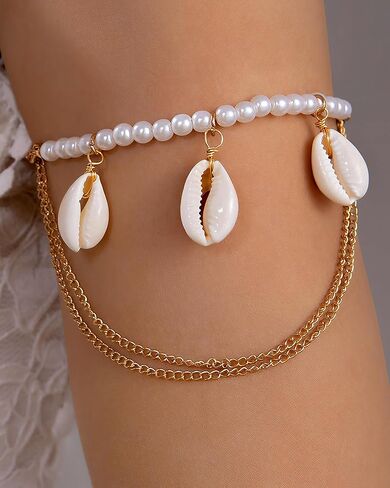 Shell Pearl Arm Cuff for Women Summer Cowrie Shell Starfish Charm Arm Cuff Upper Arm Trendy Pearl Beaded Armlet Armband Beach Jewelry Accessories for Her in Saudi Arabia