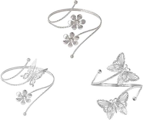 COLORFUL BLING 3PCS Upper Arm Bracelet Gold Silver Chunky Cuff Bracelets Flower Butterfly Armband Set for Women Irregular Minimalist Open Wide Coil Band Bangle Boho Jewelry in Saudi Arabia