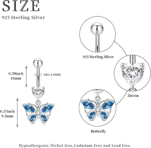 Koyekei 14g Butterfly Belly Button Ring 925 Sterling Silver Belly Rings متدلي بتدوير هدايا السرة ذات السرة السرة Hypoallergenic Phicked Body Rings for Women in Saudi Arabia