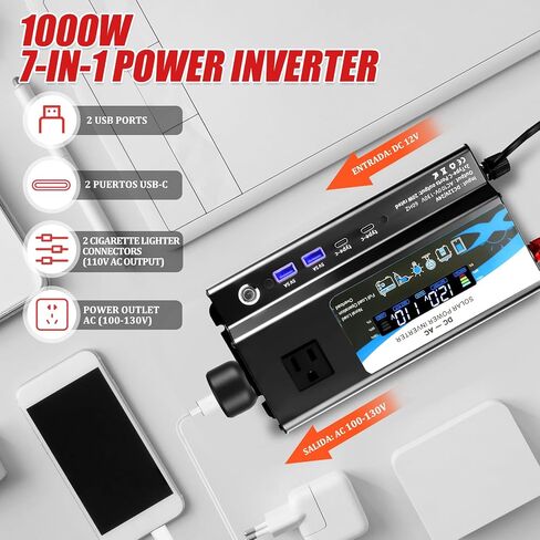 12V/24V Car Power Inverter Converter, Dual Type C Dual USB Dual Cigar Lighter Ambient Light LCD Display Adapter with Wide Compatibility, Suitable for Cars and Trucks (Black, 1000W) in Kuwait