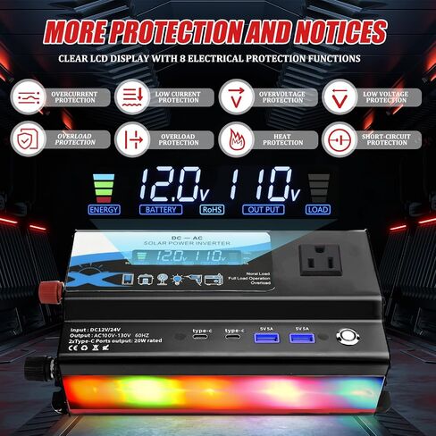 12V/24V Car Power Inverter Converter, Dual Type C Dual USB Dual Cigar Lighter Ambient Light LCD Display Adapter with Wide Compatibility, Suitable for Cars and Trucks (Black, 1000W) in Kuwait