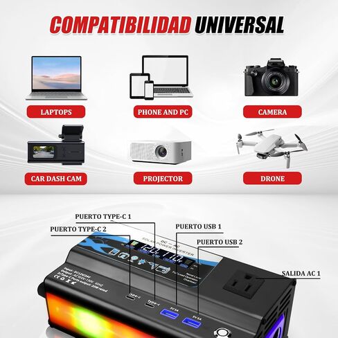 12V/24V Car Power Inverter Converter, Dual Type C Dual USB Dual Cigar Lighter Ambient Light LCD Display Adapter with Wide Compatibility, Suitable for Cars and Trucks (Black, 1000W) in Kuwait