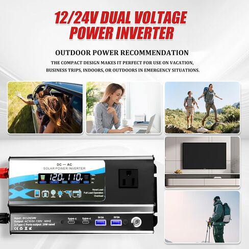 12V/24V Car Power Inverter Converter, Dual Type C Dual USB Dual Cigar Lighter Ambient Light LCD Display Adapter with Wide Compatibility, Suitable for Cars and Trucks (Black, 1000W) in Kuwait