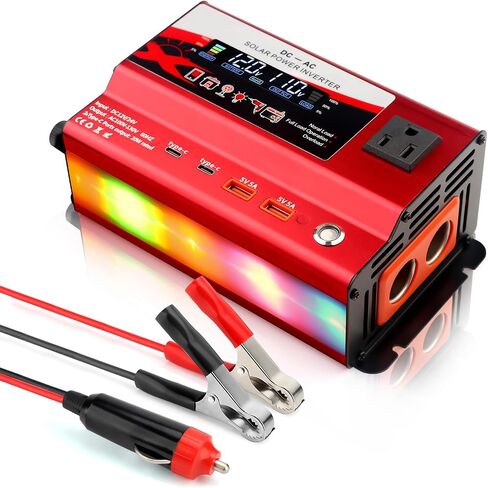 12V/24V Car Power Inverter Converter, Dual Type C Dual USB Dual Cigar Lighter Ambient Light LCD Display Adapter with Wide Compatibility, Suitable for Cars and Trucks (Black, 1000W) in Kuwait