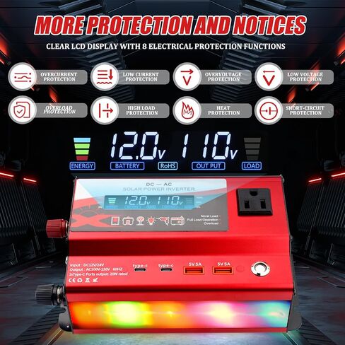 12V/24V Car Power Inverter Converter, Dual Type C Dual USB Dual Cigar Lighter Ambient Light LCD Display Adapter with Wide Compatibility, Suitable for Cars and Trucks (Black, 1000W) in Kuwait