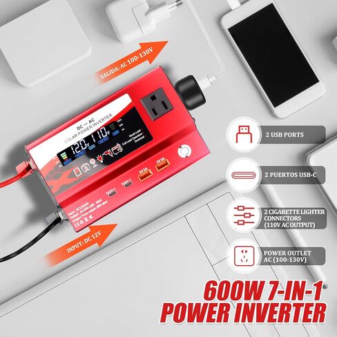 12V/24V Car Power Inverter Converter, Dual Type C Dual USB Dual Cigar Lighter Ambient Light LCD Display Adapter with Wide Compatibility, Suitable for Cars and Trucks (Black, 1000W) in Kuwait