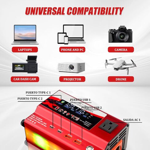12V/24V Car Power Inverter Converter, Dual Type C Dual USB Dual Cigar Lighter Ambient Light LCD Display Adapter with Wide Compatibility, Suitable for Cars and Trucks (Black, 1000W) in Kuwait