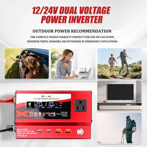 12V/24V Car Power Inverter Converter, Dual Type C Dual USB Dual Cigar Lighter Ambient Light LCD Display Adapter with Wide Compatibility, Suitable for Cars and Trucks (Black, 1000W) in Kuwait