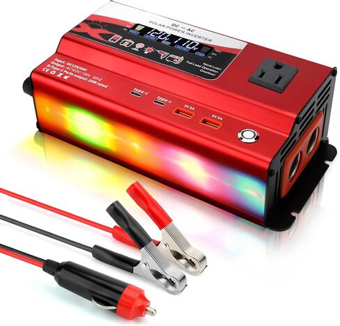 12V/24V Car Power Inverter Converter, Dual Type C Dual USB Dual Cigar Lighter Ambient Light LCD Display Adapter with Wide Compatibility, Suitable for Cars and Trucks (Black, 1000W) in Kuwait