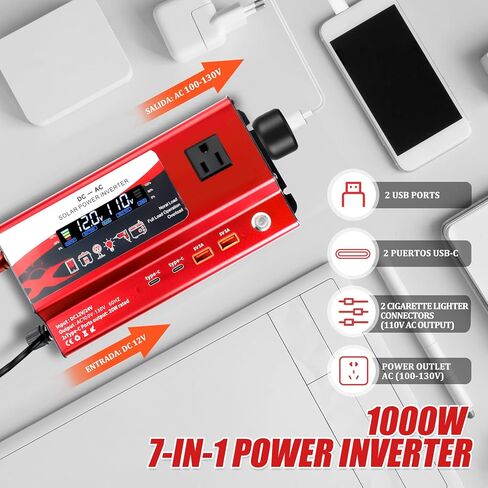 12V/24V Car Power Inverter Converter, Dual Type C Dual USB Dual Cigar Lighter Ambient Light LCD Display Adapter with Wide Compatibility, Suitable for Cars and Trucks (Black, 1000W) in Kuwait