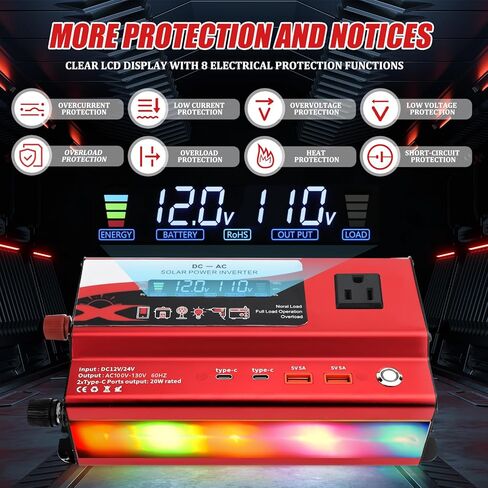12V/24V Car Power Inverter Converter, Dual Type C Dual USB Dual Cigar Lighter Ambient Light LCD Display Adapter with Wide Compatibility, Suitable for Cars and Trucks (Black, 1000W) in Kuwait