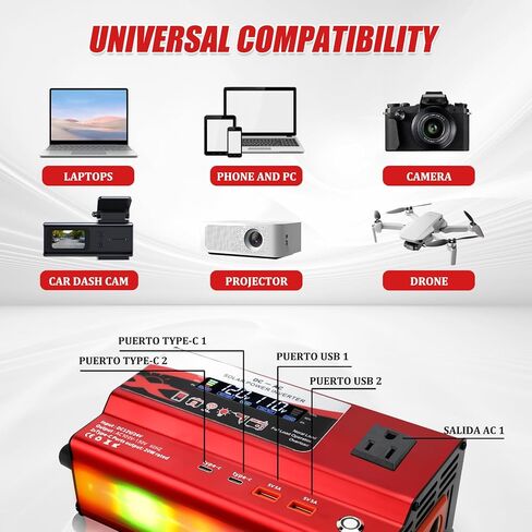 12V/24V Car Power Inverter Converter, Dual Type C Dual USB Dual Cigar Lighter Ambient Light LCD Display Adapter with Wide Compatibility, Suitable for Cars and Trucks (Black, 1000W) in Kuwait