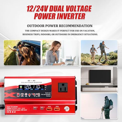 12V/24V Car Power Inverter Converter, Dual Type C Dual USB Dual Cigar Lighter Ambient Light LCD Display Adapter with Wide Compatibility, Suitable for Cars and Trucks (Black, 1000W) in Kuwait