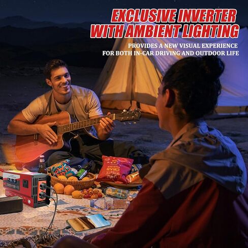 12V/24V Car Power Inverter Converter, Dual Type C Dual USB Dual Cigar Lighter Ambient Light LCD Display Adapter with Wide Compatibility, Suitable for Cars and Trucks (Black, 1000W) in Kuwait