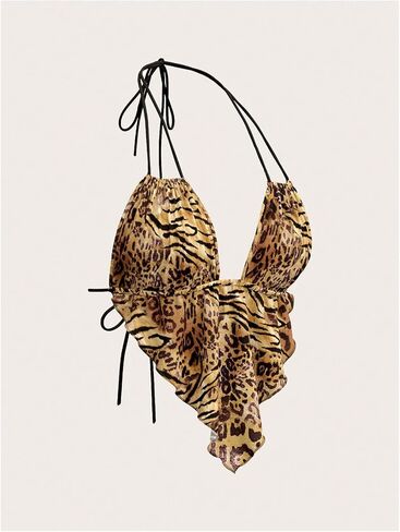 Verdusa Women's Sexy Leopard Print Deep V Halter Crop Tops Ruffle Going Out Top Party Clubwear in Saudi Arabia
