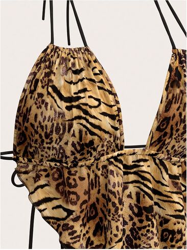 Verdusa Women's Sexy Leopard Print Deep V Halter Crop Tops Ruffle Going Out Top Party Clubwear in Saudi Arabia