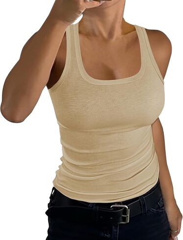GEMBERA Womens Ribbed Knit Square Neck Racerback Sleeveless Fitted Basic Work Out Tank Top Shirt in Kuwait