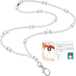Zonon Pearl Badge Lanyard with 4 Pcs ID Holders for Women Beaded Neck Lanyard Artificial Pearl Key Reel Lanyard with Horizontal Vertical Badge Reel Holders for Nurse Teacher Women (Classic Style)