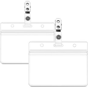 2 Pack Waterproof Horizontal ID Badge Holder Horizontal Clear PVC Name Holder Tags with Badge Clip Straps (2 Pack,Horizontal)