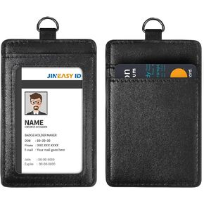 JINEASY ID Leather ID Badge Holder Vertical Lanyard ID Card Holder Black Badge Protector Case for Work Office Name Badges Keycard, Holds 3 ID Cards, 2 Pack
