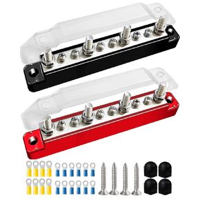 Power Distribution Terminal Block 2 x M6 Terminal Studs & 8 x M4 Terminal Screws, 12V-48V Battery Bus Bar with Cover and Ring Terminals, for Car Marine RV Boat, Red and Black