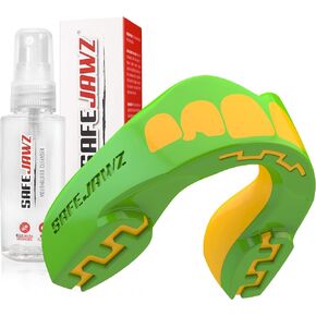 SafeJawz Sports Mouthguard and Cleaner Bundle, Gum Shield for All Contact Sports Football Rugby Hockey Lacrosse (Pink Fangz, Adult)