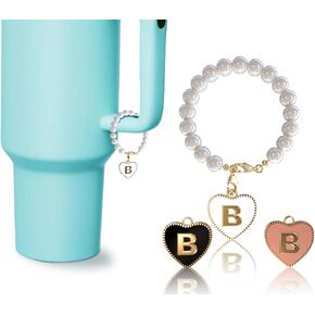 Letter Charm Accessories for Stanley Cup - ID Initial Letter Charm Personalized for Tumbler Cup, Handle Charm For Stanley and Simple Modern Tumbler, Pearl Chain with 3 Charms Replacement…