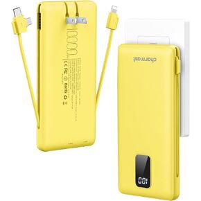 Charmast Portable Charger with Built-in Cables and Wall Plug, 10000mAh USB C Power Bank Fast Charging 15W, External Battery Pack Slim, Travel Essentials Compatible with 15 14 13, Samsung Galaxy, iPad