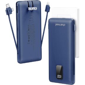 Charmast Portable Charger with Built-in Cables and Wall Plug, 10000mAh USB C Power Bank Fast Charging 15W, External Battery Pack Slim, Travel Essentials Compatible with 15 14 13, Samsung Galaxy, iPad