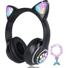 Cat Ear Kids Headphones Bluetooth, LED Light up Wireless/Wired Mode Over Ear Headphones with Build in Microphone for School/Travel (Black)