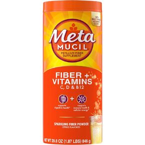 Metamucil Daily Fiber + Vitamins, Plant Based Fiber with Vitamins C, D & B12, Sparkling Fiber Drink, Citrus Flavored, 90 Doses (29.8 OZ Fiber Powder)
