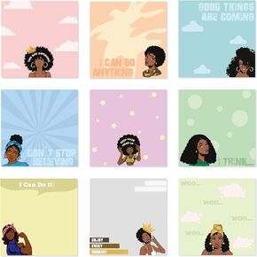 9 Packs Black Girl Sticky Notes Inspirational Mini Motivational Self Stick Note Pads Cute African Girl Teacher Notes Positive Memo Notepads for Nurse Reminder Studying School Office, 3.2 x 3.2 Inches