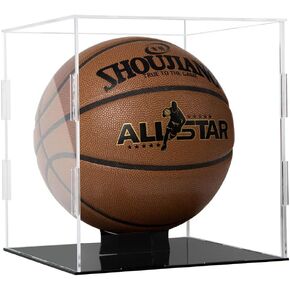 Basketball Display Case Clear Acrylic Glass Cube Assemble Countertop Box Soccer Frame with Sports Protection with Black Stand Holder