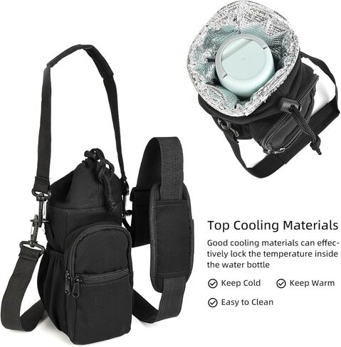 Valleycomfy Water Bottle Holder with Adjustable Shoulder Strap 32oz 40oz Insulated Sling Bag Water Bottle Bag with Phone Pocket Water Bottle Carrier Pouch Sleeve for Camping Hiking Travel Black in Kuwait
