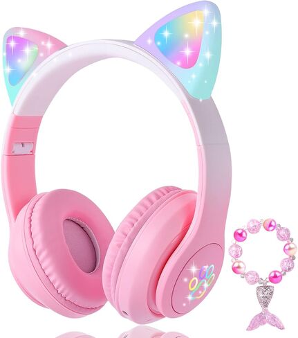 Cat Ear Kids Headphones Bluetooth, LED Light up Wireless/Wired Mode Over Ear Headphones with Build in Microphone for School/Travel (Black) in Saudi Arabia