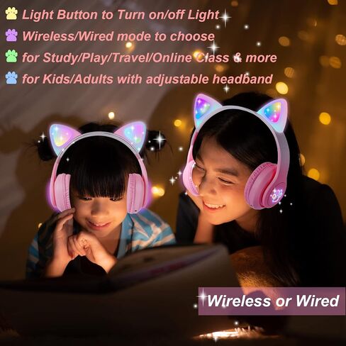Cat Ear Kids Headphones Bluetooth, LED Light up Wireless/Wired Mode Over Ear Headphones with Build in Microphone for School/Travel (Black) in Saudi Arabia
