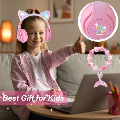 Cat Ear Kids Headphones Bluetooth, LED Light up Wireless/Wired Mode Over Ear Headphones with Build in Microphone for School/Travel (Black) in Saudi Arabia