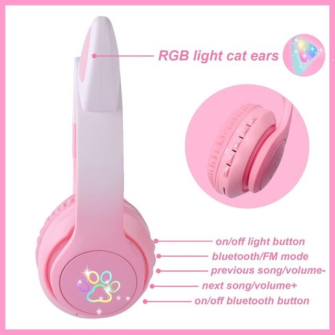 Cat Ear Kids Headphones Bluetooth, LED Light up Wireless/Wired Mode Over Ear Headphones with Build in Microphone for School/Travel (Black) in Saudi Arabia