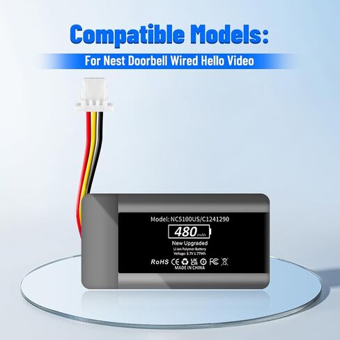 NC5100US Battery, Upgraded [480mAh] Super High Capacity 0 Cycle ithium Polymer Battery Replacement for Nest Hello NC5100US C1241290 Vido Doorbell Wired Battery in Kuwait