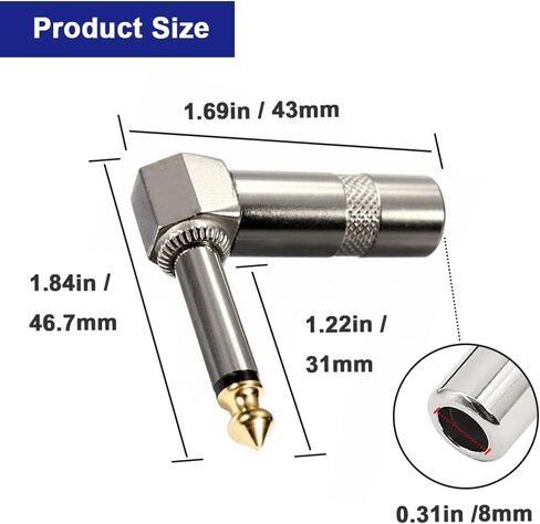 1/4" 90 Degree Right Angle Mono Plug, 6.35mm Heavy Duty TS Mono Male Solder Type Jack Connector for DJ Mixer, Guitar Cables, Speaker Cables, Phono Patch Cable, Microphone Cables (10 Pack) in Saudi Arabia