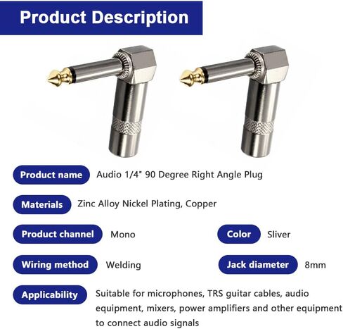 1/4" 90 Degree Right Angle Mono Plug, 6.35mm Heavy Duty TS Mono Male Solder Type Jack Connector for DJ Mixer, Guitar Cables, Speaker Cables, Phono Patch Cable, Microphone Cables (10 Pack) in Saudi Arabia