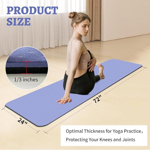 Yoga Mat, 1/3" Thick TPE Yoga Mat, 72" x 24", Non-Slip Exercise & Fitness Mat for Men & Women, Home Workout Mat for Yoga, Pilates & Floor Exercise in Saudi Arabia