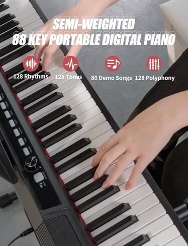 Keyboard Piano 88 Key Semi Weighted Electric Piano Keyboard, Digital Piano for Beginners with Bluetooth, MIDI/USB/MP3, Stand, Case, Sustain Pedal, Headphones, Power & Battery Supply, Black in Kuwait