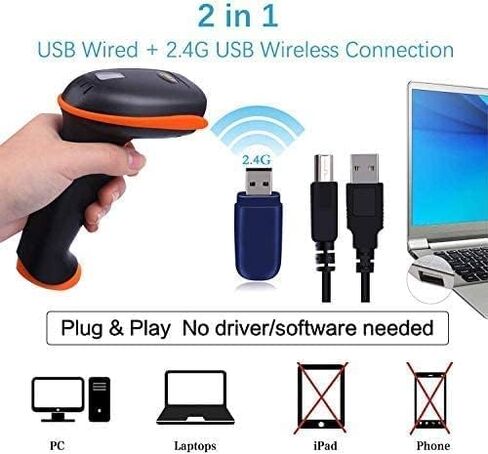 Tera ماسح الباركود اللاسلكي 1D ليزر قارئ الباركود اللاسلكي مع مؤشر مستوى البطارية، متعدد الاستخدامات 2 في 1 2.4 جيجا هرتز لاسلكي وUSB 2.0 سلكي مع حامل موديل 5100-Z in Kuwait